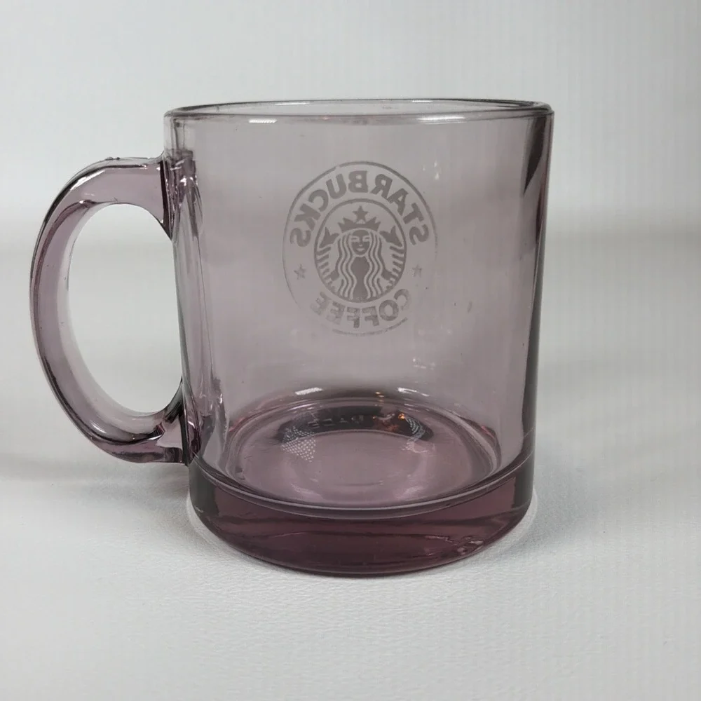 Vintage Starbucks Coffee Mug 1990s Clear Rose Pink Glass Etched Logo Made in USA